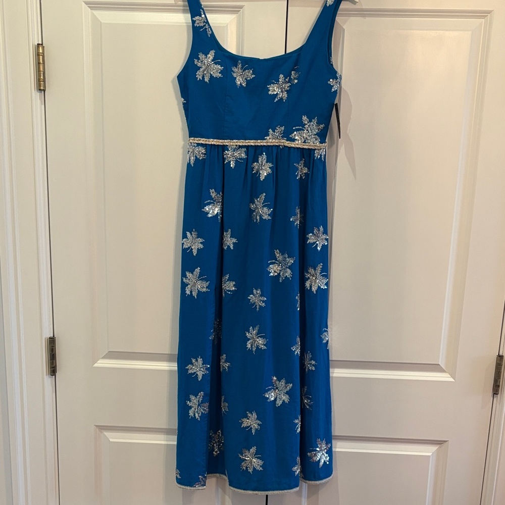 Blue Midi Dress with Silver Sequin Accents